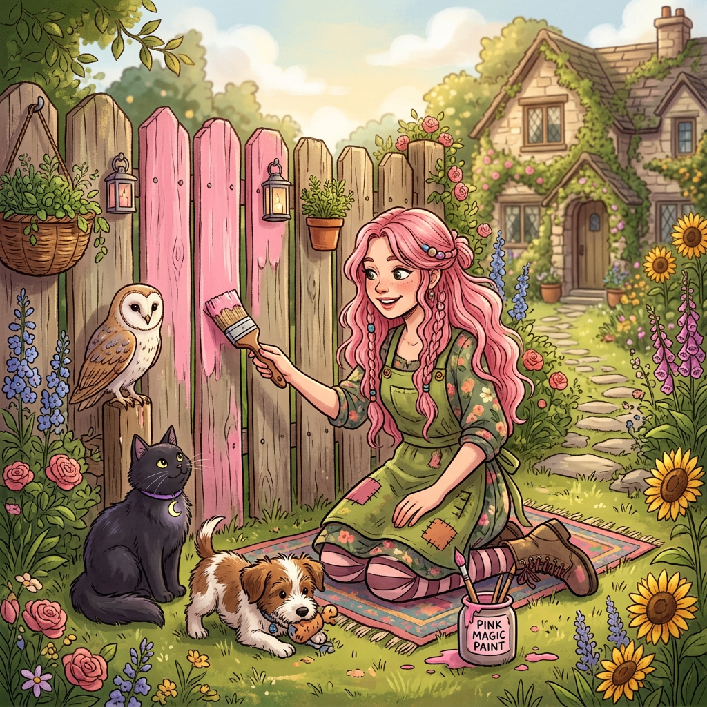 Young woman painting wooden garden fence pink surrounded by a cat, dog, and owl in a colorful garden